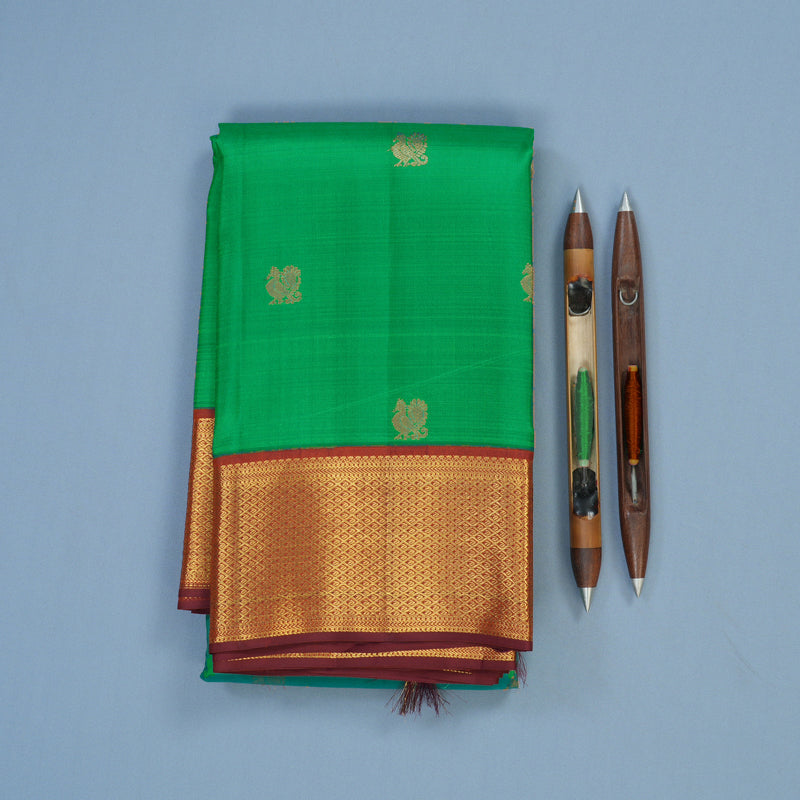 Hayagrivas Handloom Light Green Kanjivaram Silk Saree with Rust Orange Border KBE2147A15-2