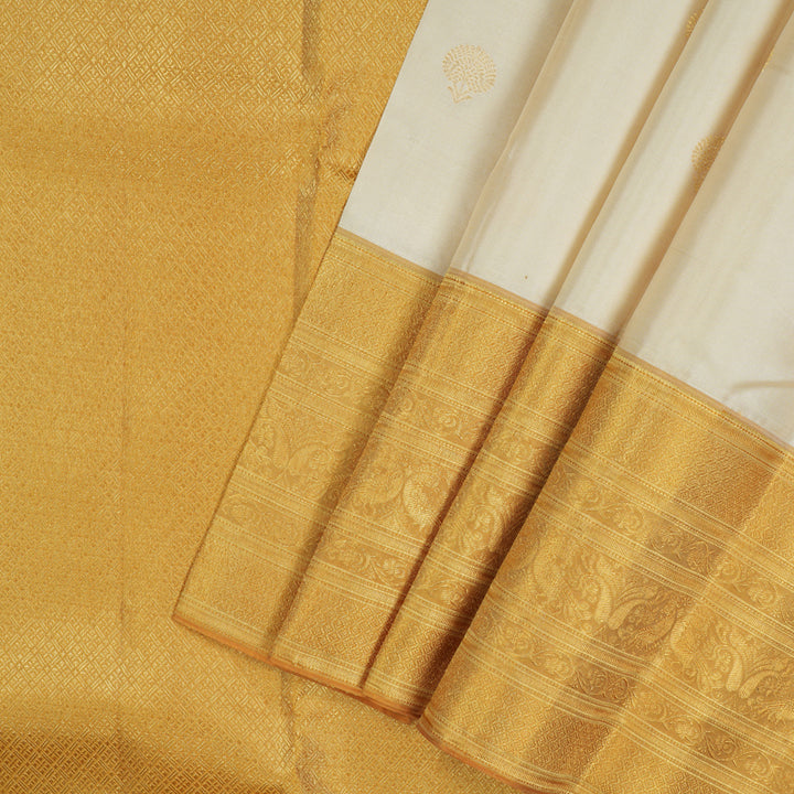 Hayagrivas Handloom Half-White Kanjivaram Silk Saree with Gold Border KBE2147A8-3