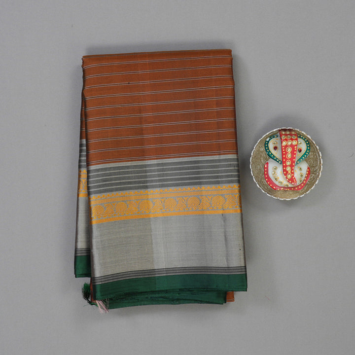 Hayagrivas Handloom Burnt Orange Kanjivaram Silk Saree with Silver Grey Border KBE2148A12-1