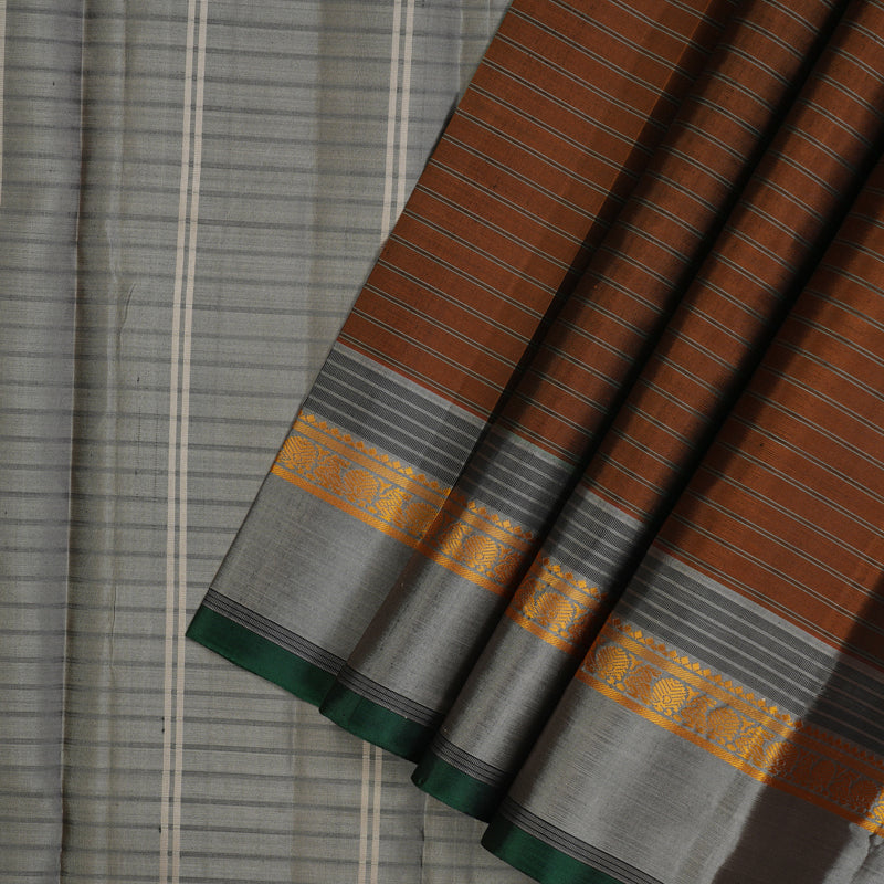 Hayagrivas Handloom Burnt Orange Kanjivaram Silk Saree with Silver Grey Border KBE2148A12-1