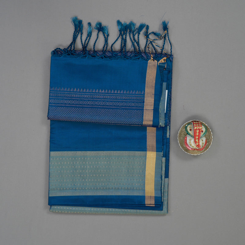 Hayagrivas Bluish-Grey & Peacock Blue Stripes Handloom Soft Silk Saree KBE2154A4-8