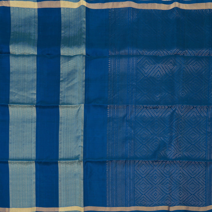 Hayagrivas Bluish-Grey & Peacock Blue Stripes Handloom Soft Silk Saree KBE2154A4-8