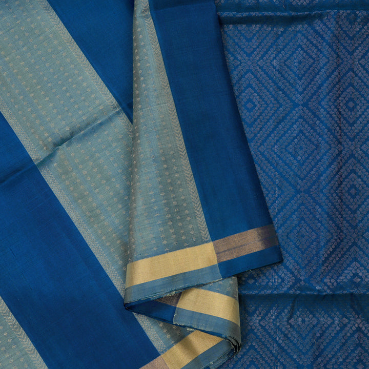 Hayagrivas Bluish-Grey & Peacock Blue Stripes Handloom Soft Silk Saree KBE2154A4-8