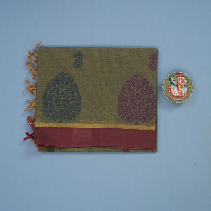 Hayagrivas Greenish-Grey Handloom Cotton Saree KBE2163A25-3