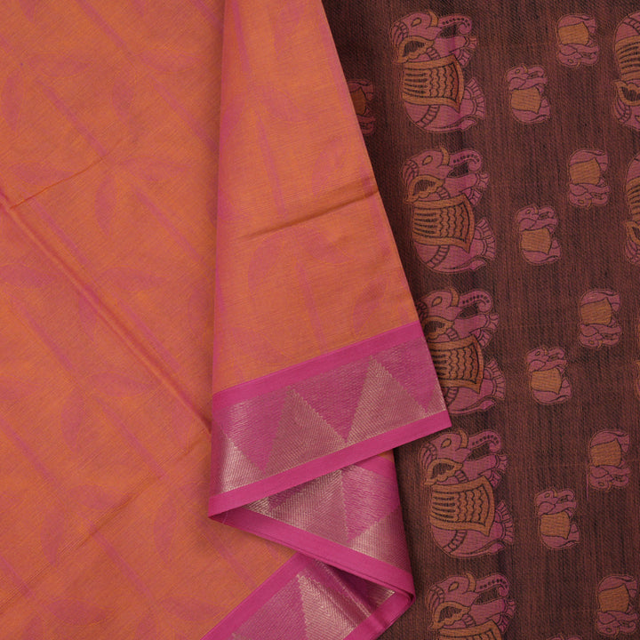 Hayagrivas Orangish-Pink Handloom Cotton Saree KBE2163A7-5