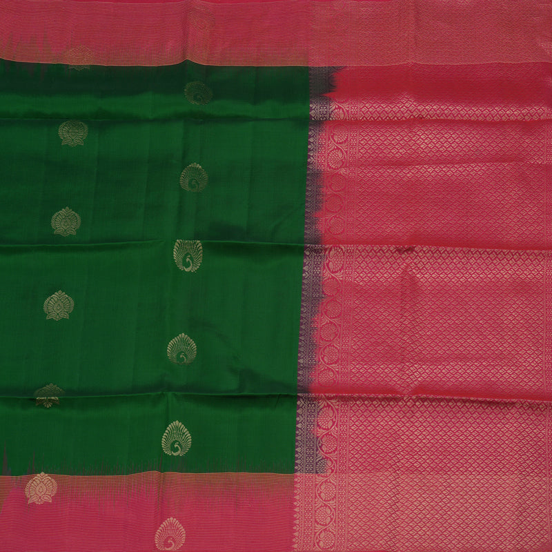 Hayagrivas Dark Green Handloom Soft Silk Saree with Pink Border KBE2168A1-1