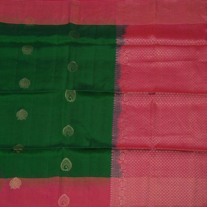 Hayagrivas Dark Green Handloom Soft Silk Saree with Pink Border KBE2168A1-1