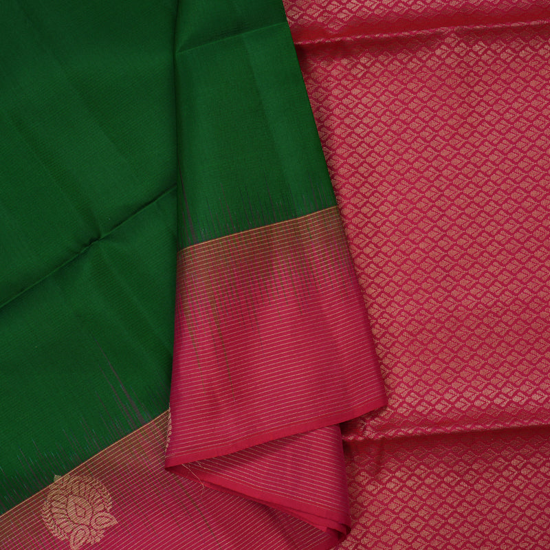 Hayagrivas Dark Green Handloom Soft Silk Saree with Pink Border KBE2168A1-1