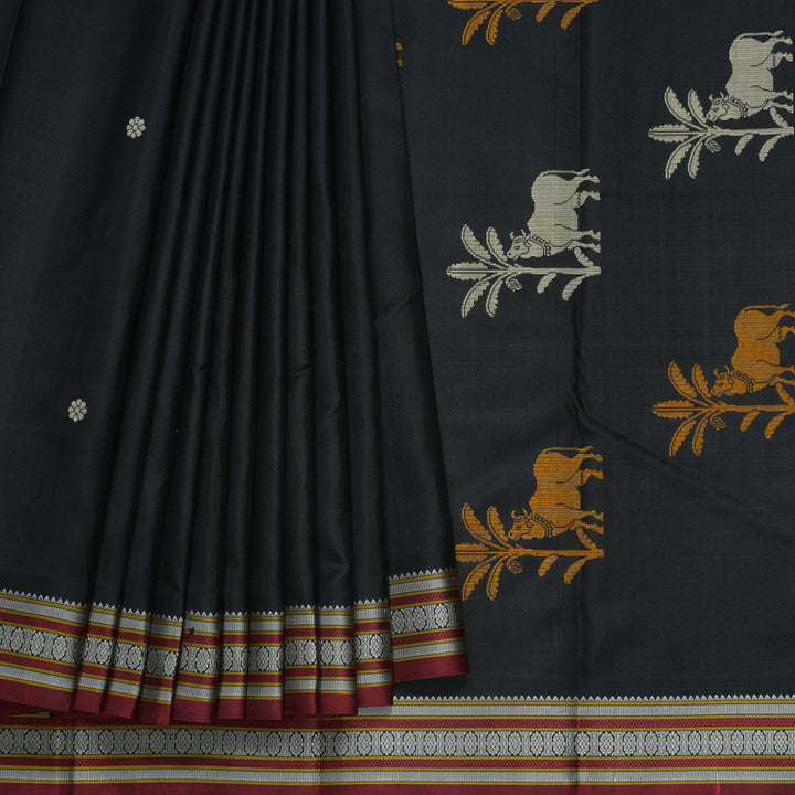 Hayagrivas Handloom Black Kanjivaram Silk Saree with Maroon Border KBE2174A1-1