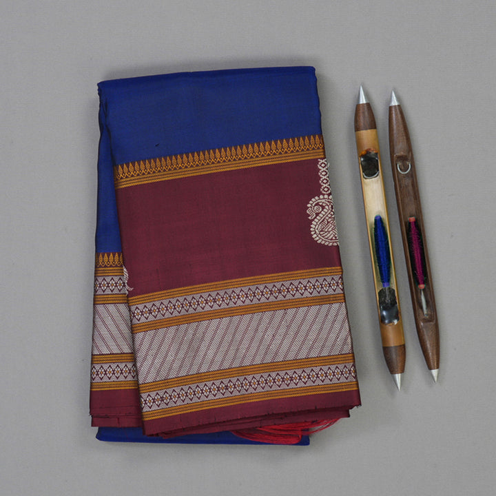 Hayagrivas Handloom Peacock Blue Kanjivaram Silk Saree with Araku Maroon Border KBE2174A2-7