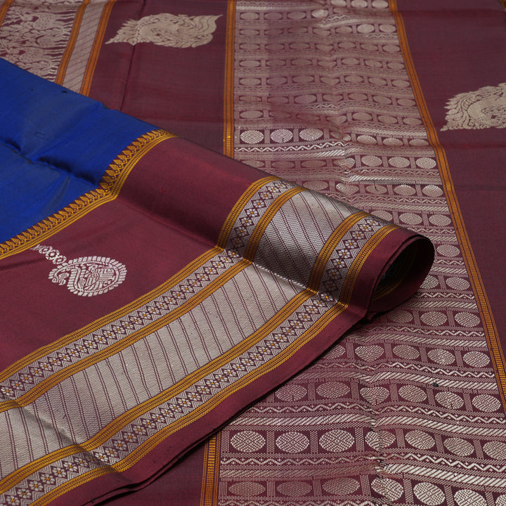 Hayagrivas Handloom Peacock Blue Kanjivaram Silk Saree with Araku Maroon Border KBE2174A2-7
