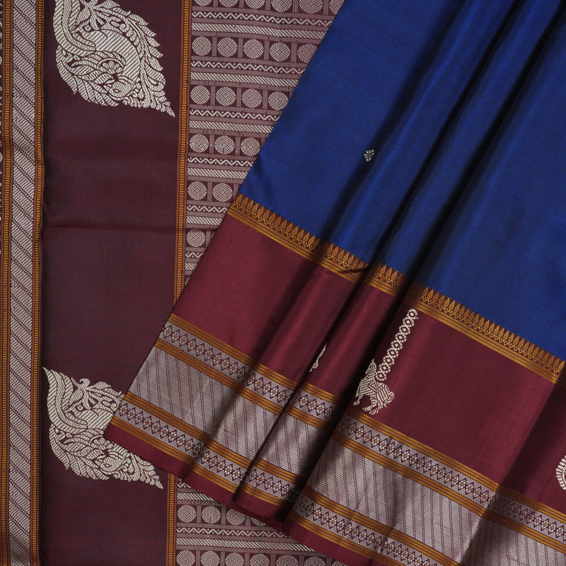 Hayagrivas Handloom Peacock Blue Kanjivaram Silk Saree with Araku Maroon Border KBE2174A2-7