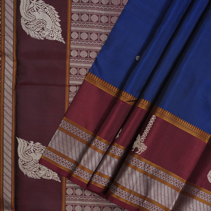 Hayagrivas Handloom Peacock Blue Kanjivaram Silk Saree with Araku Maroon Border KBE2174A2-7