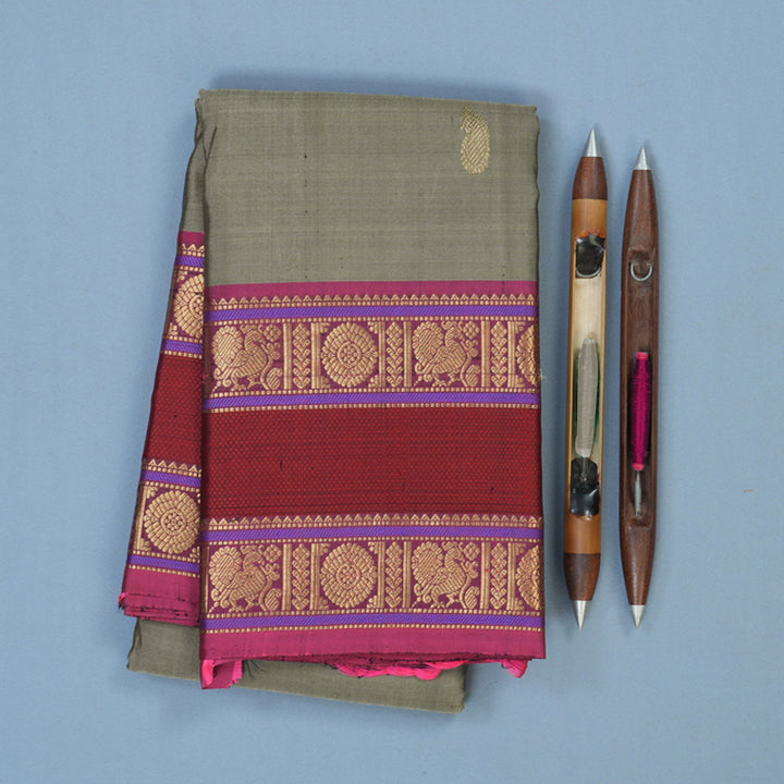 Hayagrivas Handloom Elephant Grey Kanjivaram Silk Saree with Magenta Border KBE2174A3-1