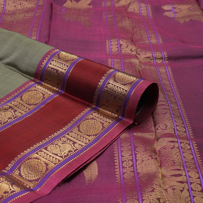 Hayagrivas Handloom Elephant Grey Kanjivaram Silk Saree with Magenta Border KBE2174A3-1