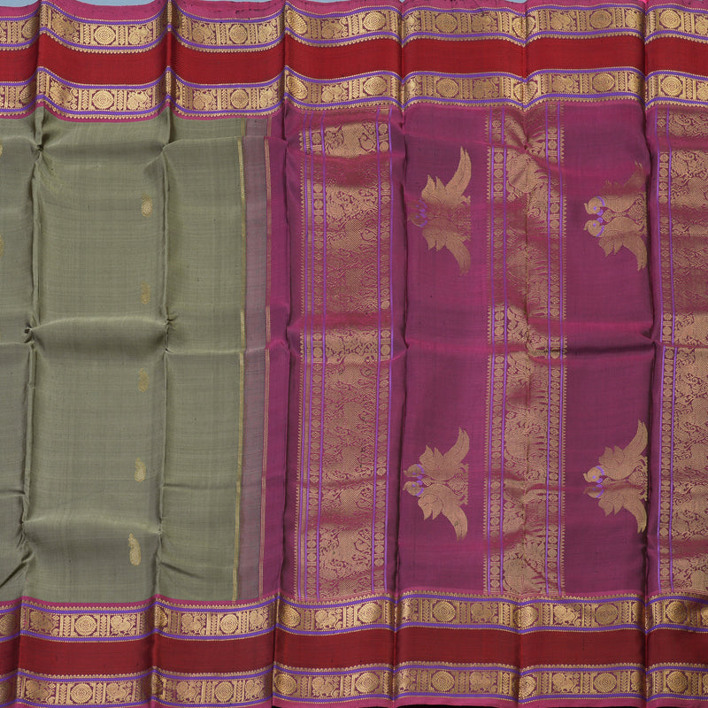 Hayagrivas Handloom Elephant Grey Kanjivaram Silk Saree with Magenta Border KBE2174A3-1