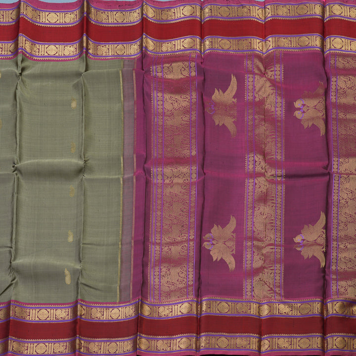 Hayagrivas Handloom Elephant Grey Kanjivaram Silk Saree with Magenta Border KBE2174A3-1