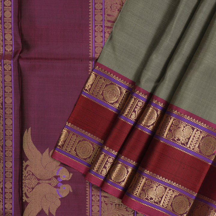 Hayagrivas Handloom Elephant Grey Kanjivaram Silk Saree with Magenta Border KBE2174A3-1