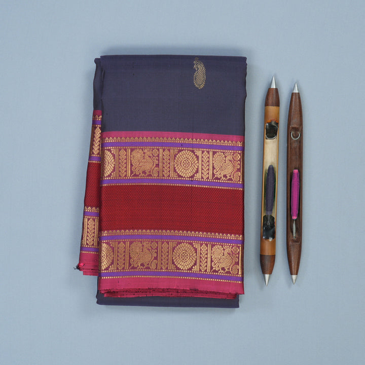 Hayagrivas Handloom Dark Bluish-Grey Kanjivaram Silk Saree with Pink Border KBE2174A3-2