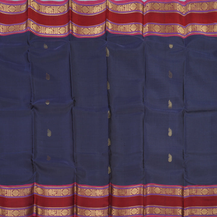 Hayagrivas Handloom Dark Bluish-Grey Kanjivaram Silk Saree with Pink Border KBE2174A3-2