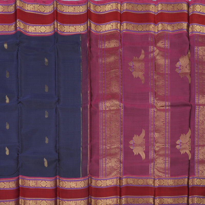 Hayagrivas Handloom Dark Bluish-Grey Kanjivaram Silk Saree with Pink Border KBE2174A3-2
