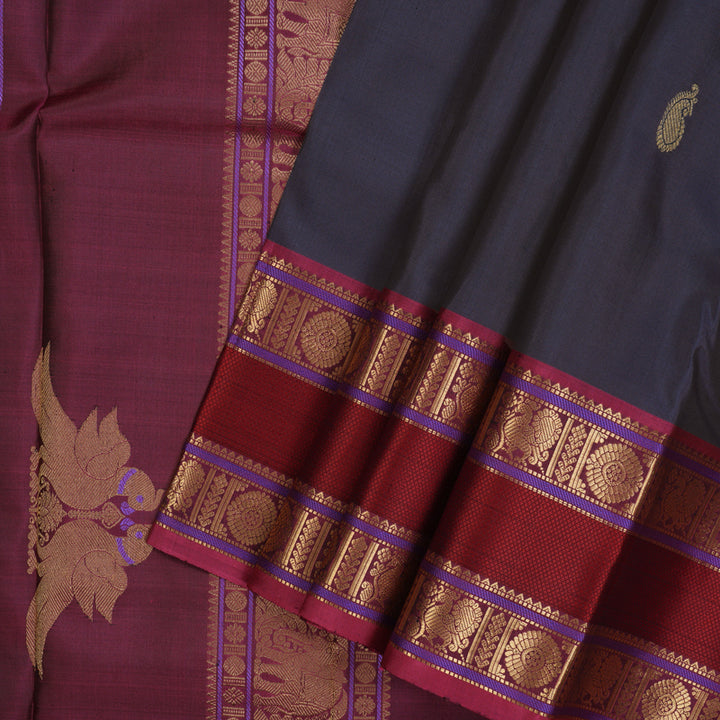 Hayagrivas Handloom Dark Bluish-Grey Kanjivaram Silk Saree with Pink Border KBE2174A3-2