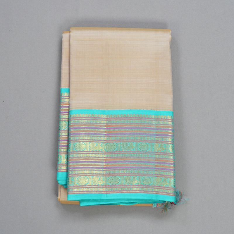 Hayagrivas Handloom Beige Kanjivaram Silk Saree with Sea Blue Border KBE2178A10-1