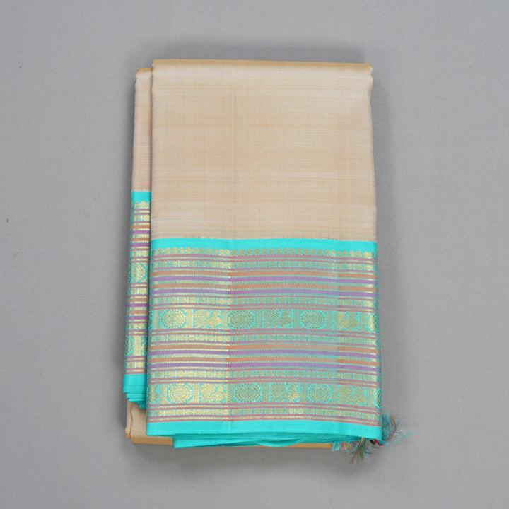 Hayagrivas Handloom Beige Kanjivaram Silk Saree with Sea Blue Border KBE2178A10-1