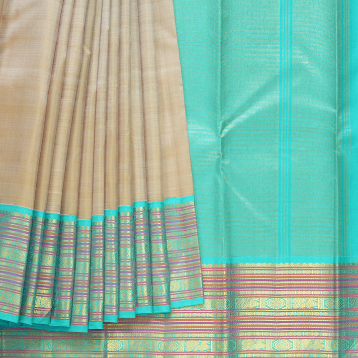 Hayagrivas Handloom Beige Kanjivaram Silk Saree with Sea Blue Border KBE2178A10-1