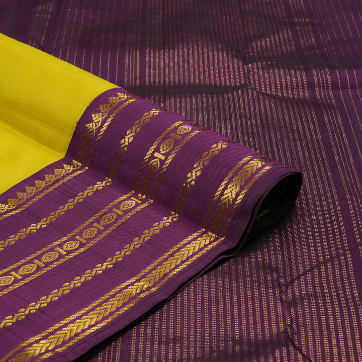 Hayagrivas Handloom Lemon Yellow Kanjivaram Silk Saree with Purple Border KBE2178A3-1