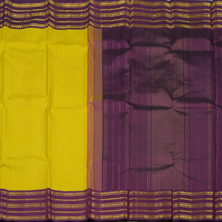 Hayagrivas Handloom Lemon Yellow Kanjivaram Silk Saree with Purple Border KBE2178A3-1