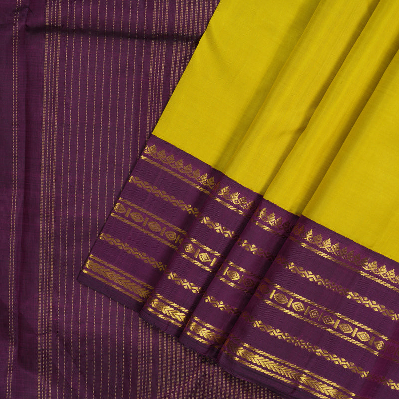 Hayagrivas Handloom Lemon Yellow Kanjivaram Silk Saree with Purple Border KBE2178A3-1
