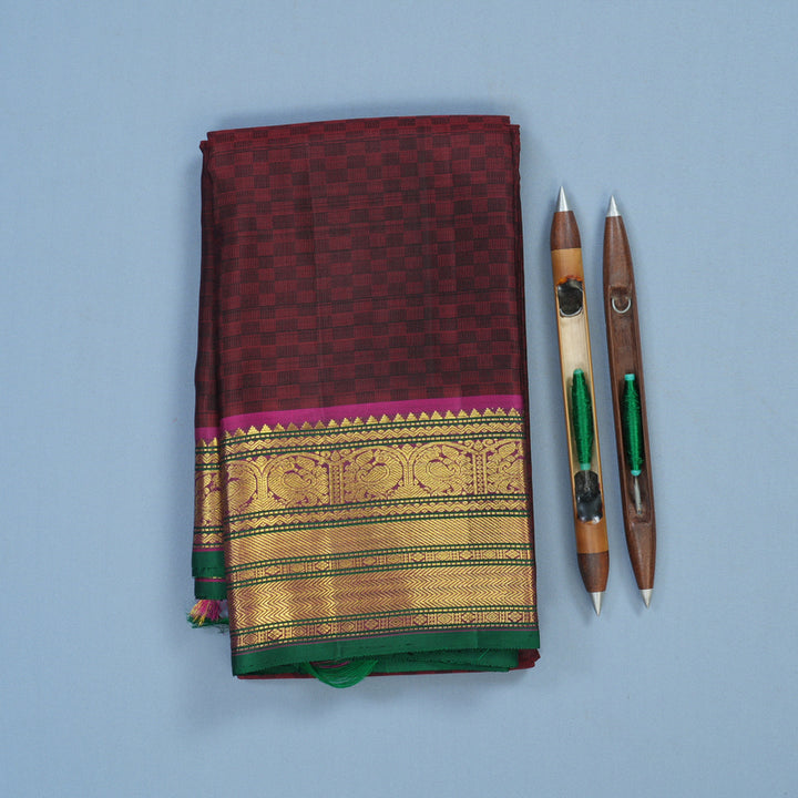 Hayagrivas Handloom Dark Maroon Kanjivaram Silk Saree with Wine Purple Border KBE2179A13-4