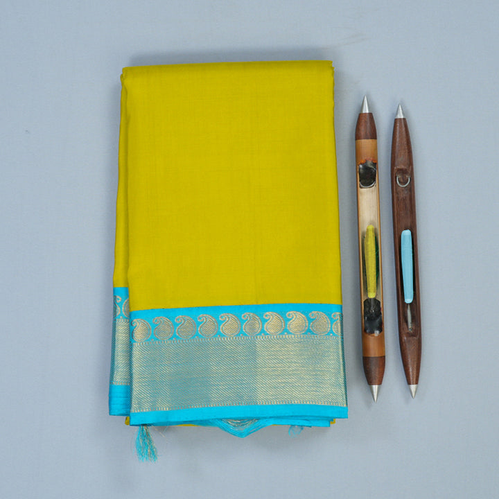 Hayagrivas Handloom Lime Green Kanjivaram Silk Saree with Sky Blue Border KBE2179A15-2