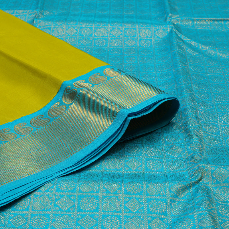 Hayagrivas Handloom Lime Green Kanjivaram Silk Saree with Sky Blue Border KBE2179A15-2