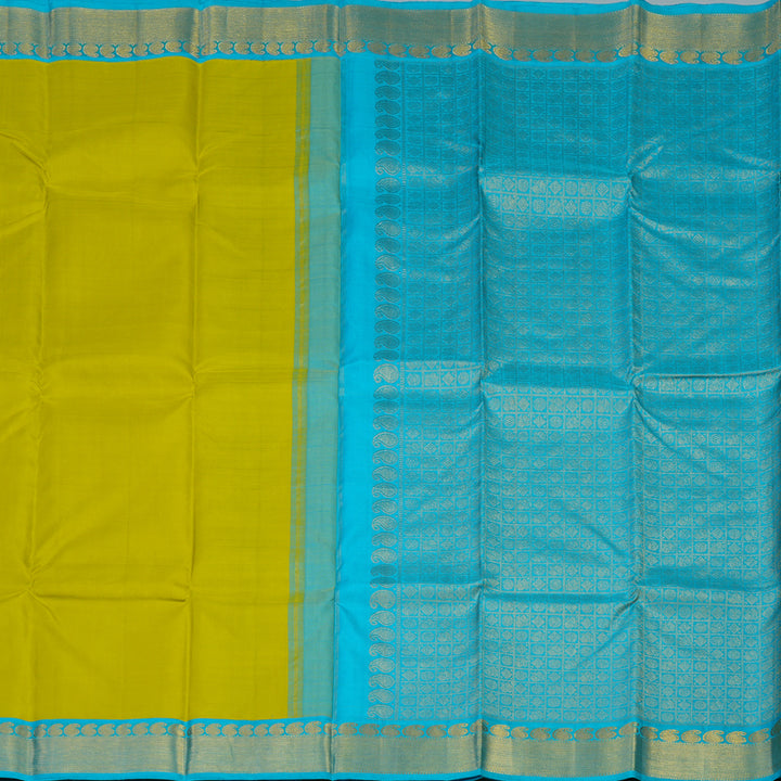 Hayagrivas Handloom Lime Green Kanjivaram Silk Saree with Sky Blue Border KBE2179A15-2