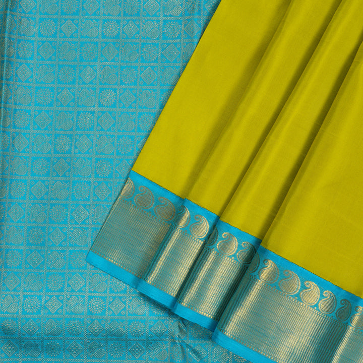 Hayagrivas Handloom Lime Green Kanjivaram Silk Saree with Sky Blue Border KBE2179A15-2