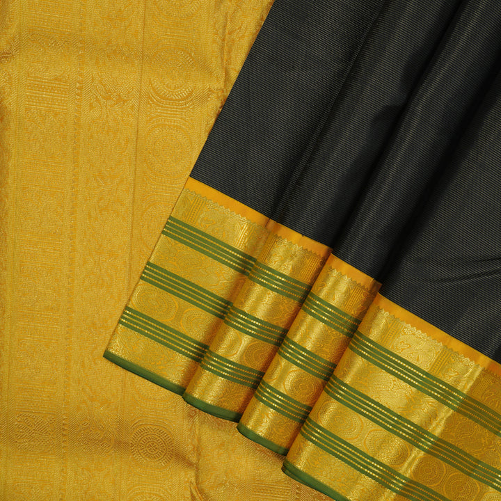 Hayagrivas Handloom Black Kanjivaram Silk Saree with Sampanga Yellow Border KBE2179A16-1