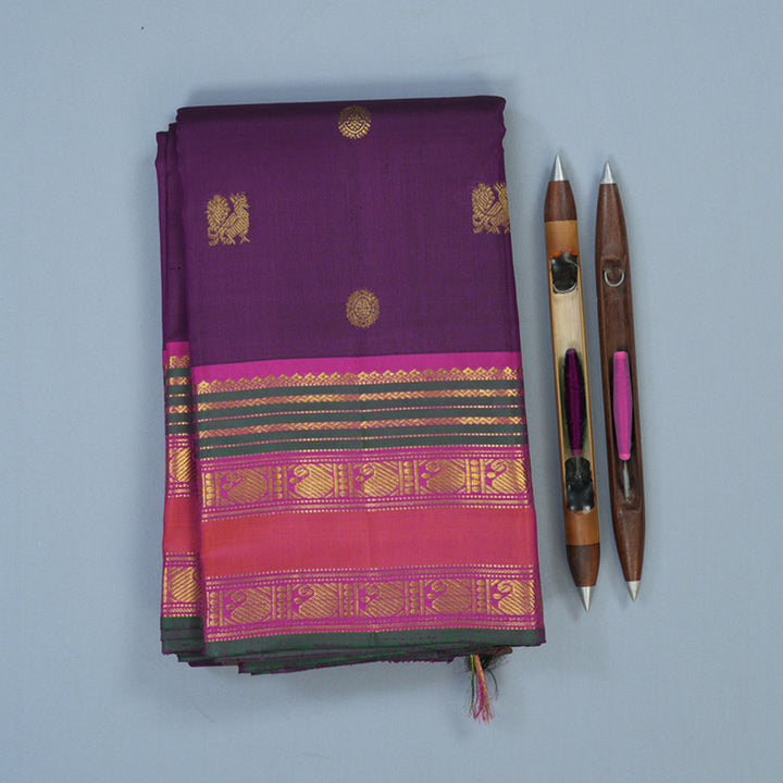 Hayagrivas Handloom Violet Kanjivaram Silk Saree with Magenta Border KBE2179A8-2