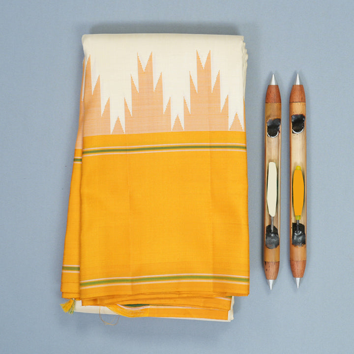 Hayagrivas Handloom Half-White Kanjivaram Silk Saree with Mustard Yellow Border KBE2179A9-2
