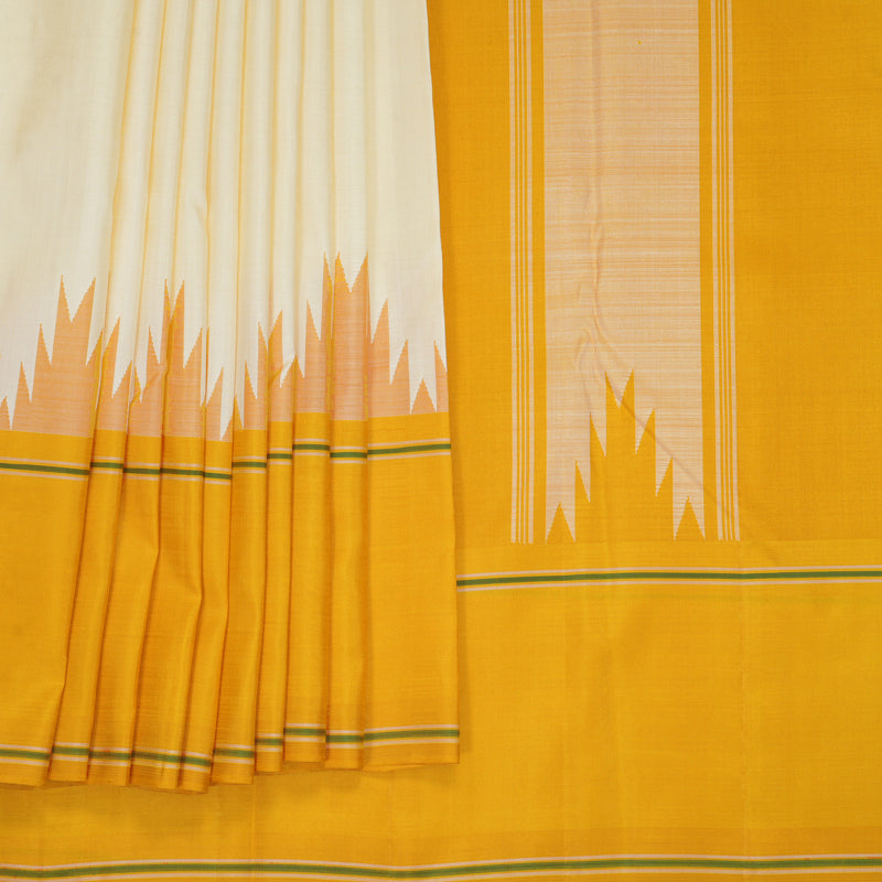 Hayagrivas Handloom Half-White Kanjivaram Silk Saree with Mustard Yellow Border KBE2179A9-2