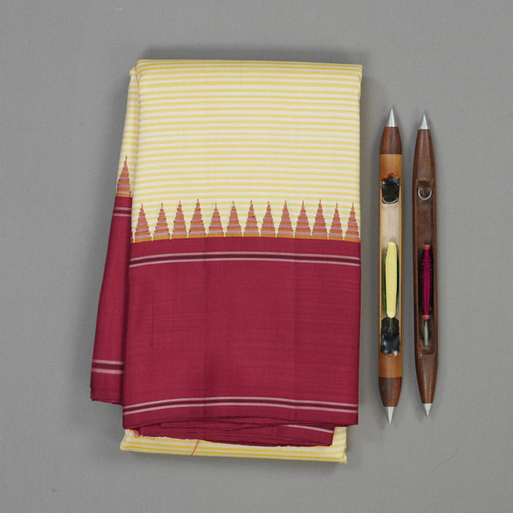 Hayagrivas Handloom Yellow & White Stripes Kanjivaram Silk Saree with Maroon Border KBE2179A9-3