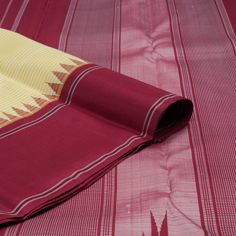 Hayagrivas Handloom Yellow & White Stripes Kanjivaram Silk Saree with Maroon Border KBE2179A9-3