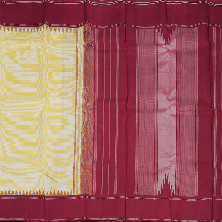 Hayagrivas Handloom Yellow & White Stripes Kanjivaram Silk Saree with Maroon Border KBE2179A9-3