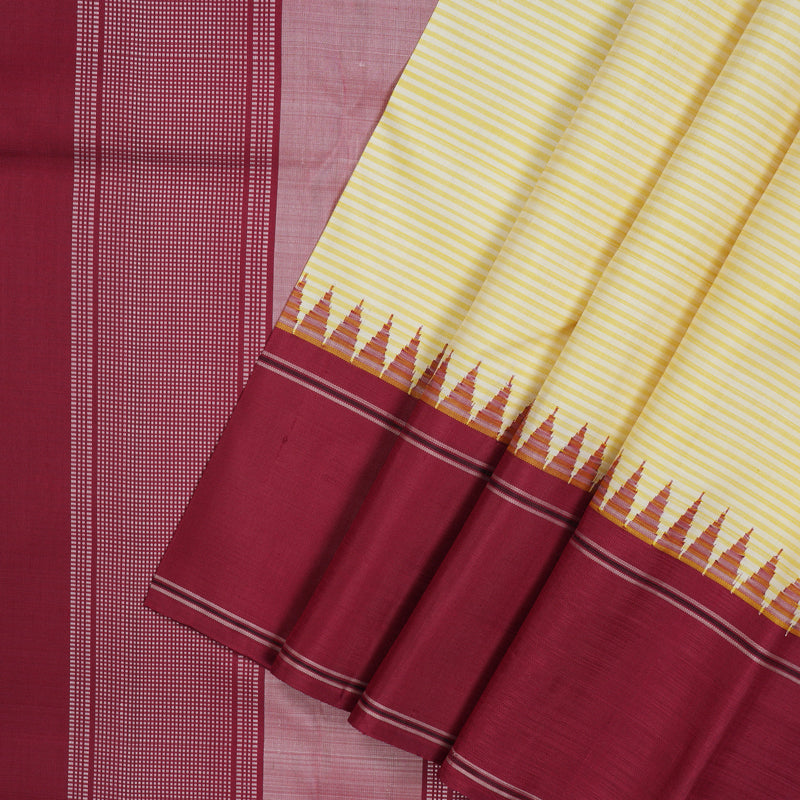 Hayagrivas Handloom Yellow & White Stripes Kanjivaram Silk Saree with Maroon Border KBE2179A9-3