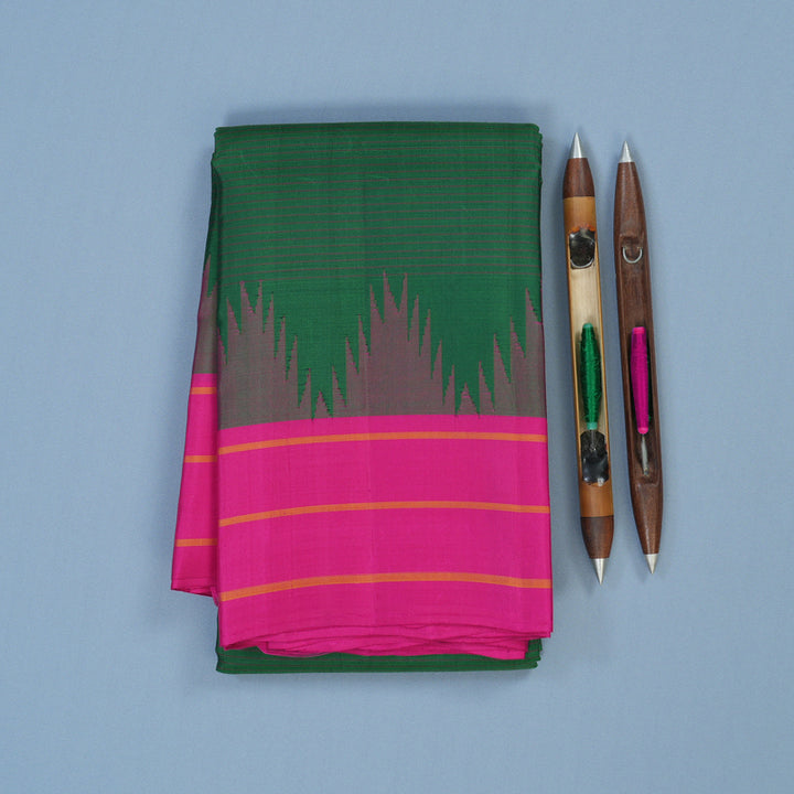 Hayagrivas Handloom Dark Green Kanjivaram Silk Saree with Pink Border KBE2180A10-2