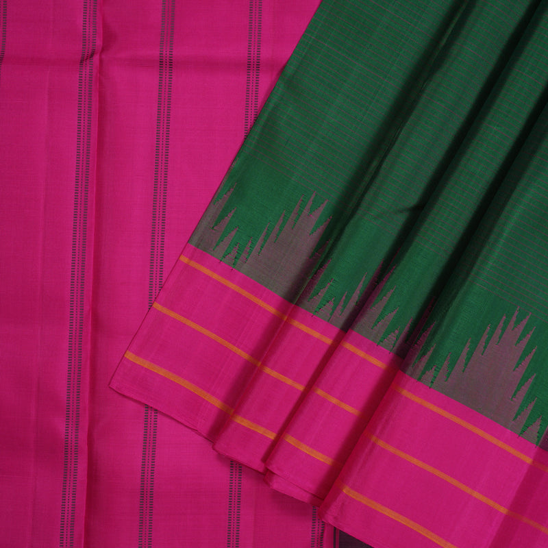 Hayagrivas Handloom Dark Green Kanjivaram Silk Saree with Pink Border KBE2180A10-2