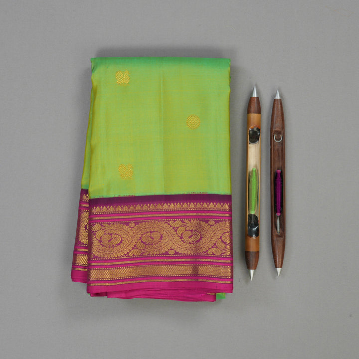 Hayagrivas Handloom Parrot Green Kanjivaram Silk Saree with Purple Border KBE2183A1-1