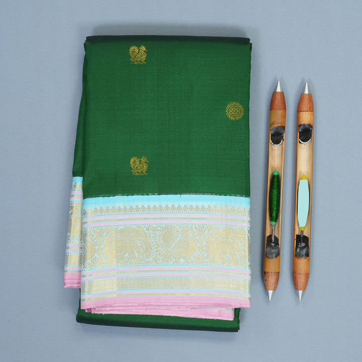 Hayagrivas Handloom Dark Green Kanjivaram Silk Saree with Ice Blue Border KBE2183A1-5