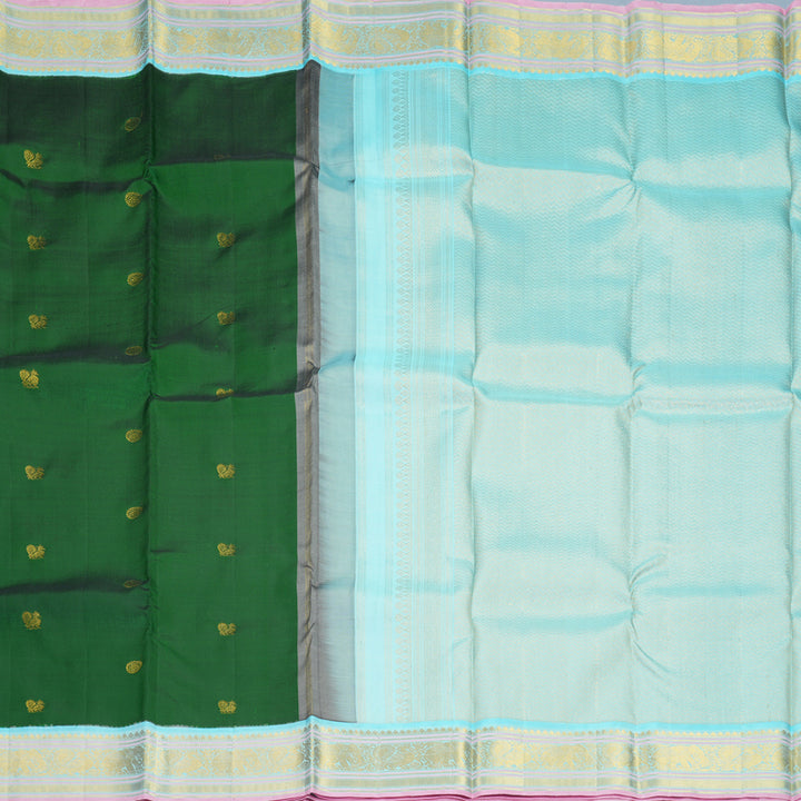 Hayagrivas Handloom Dark Green Kanjivaram Silk Saree with Ice Blue Border KBE2183A1-5